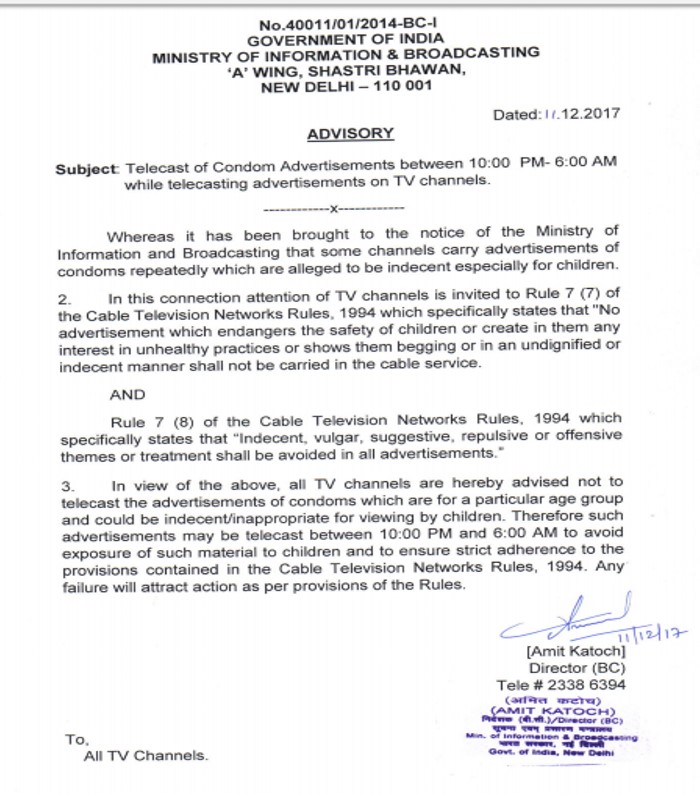 #CondomAds, MIB, NCPR, #CondomAdban, Ministry of Information and Broadcasting, Child Rights, Child Protection, Indecent for children, MIB Advisory for TV Channels, ban on Condom ads on TV