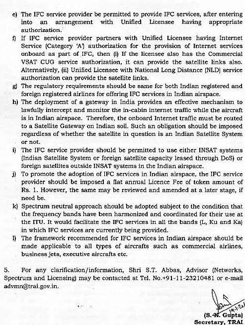 TRAI Recommendation on inflight mobile connectivity