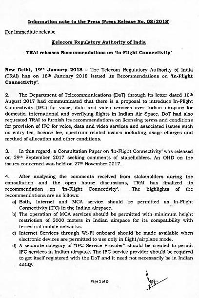 TRAI Recommendation on inflight mobile connectivity