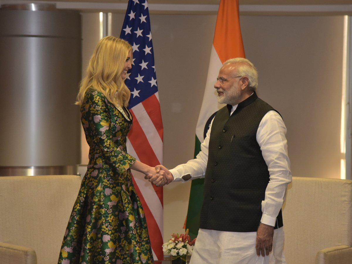 PM NarendraModi meets IvankaTrump, Advisor to the President of United States, on the sidelines of Global Entrepreneurship Summit-2017 #GES2017 in Hyderabad. Global Entrepreneurship Summit updates