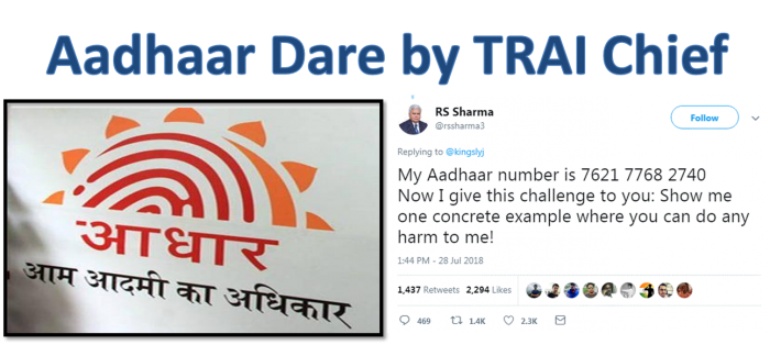 Trai RS Sharma twitter, TRAI, @rssharma3, Aadhaar dare by TRAI chief, Aadhaar dare, #TRAI, #SharmaDare, #AadhaarDare, #Aadhaar