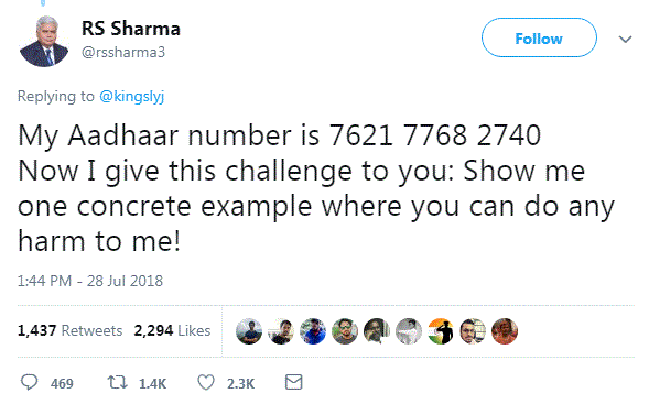 Trai RS Sharma twitter, TRAI, @rssharma3, Aadhaar dare by TRAI chief, Aadhaar dare, #TRAI, #SharmaDare, #AadhaarDare, #Aadhaar