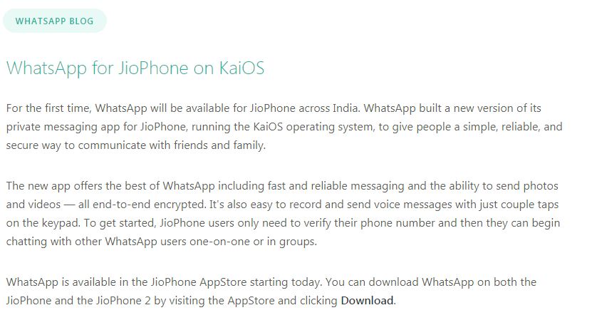 WhatApp for KaiOS announcement on WhatsApp Blog