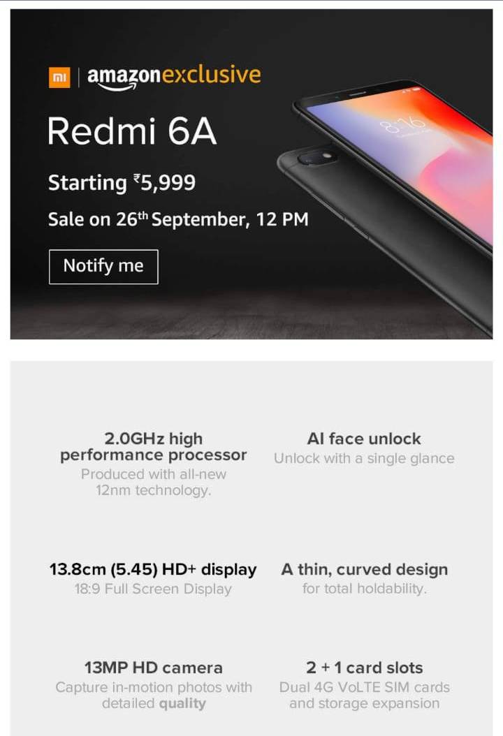 Redmi6A-sale-Amazon-on 26-Sep-18.