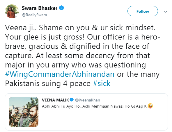 Swara Bhasker reply tweet on Veena Malik Tweet On Abhinandan Moustache 