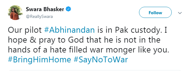 Swara Bhasker tweet on Abhinandan captured by Pakistan