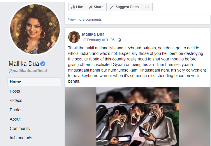 Mallika Dua latest post where she slammed 'keyboard Patriots'