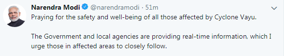 PM Modi Tweet on Vayu Cyclone