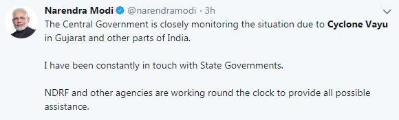 PM Modi Tweet on Vayu Cyclone