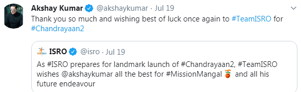 Akshay Kumar's reply on ISRO's tweet