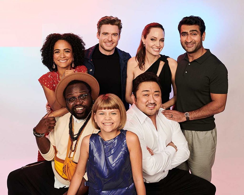 Angelina Jolie, Richard Madden, Dong-seok Ma, Brian Tyree Henry, Kumail Nanjiani, Lauren Ridloff, and Lia McHugh in Eternals (2020)