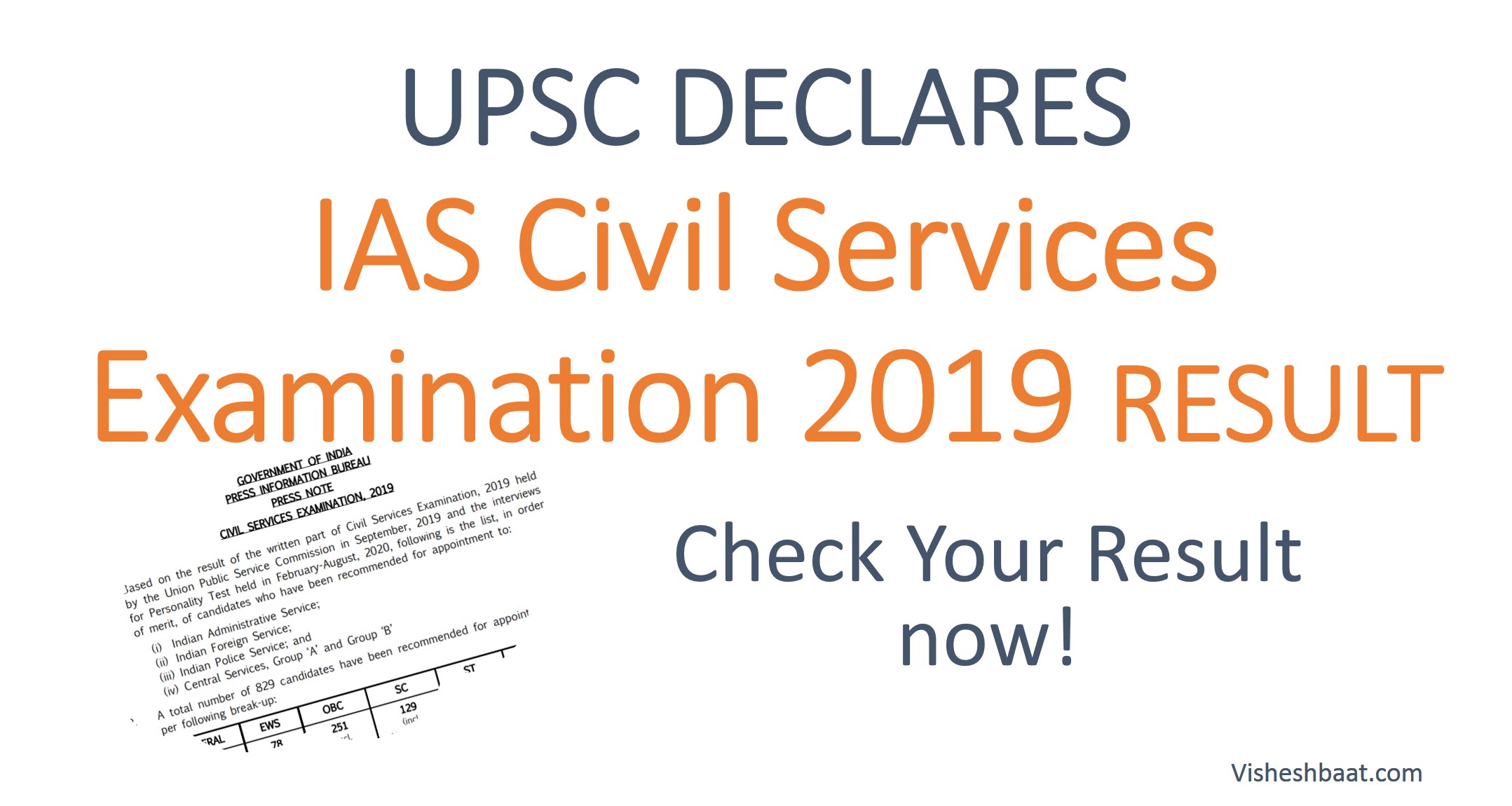 Upsc Declares Civil Services Examination 2019 Result Vishesh Baat News