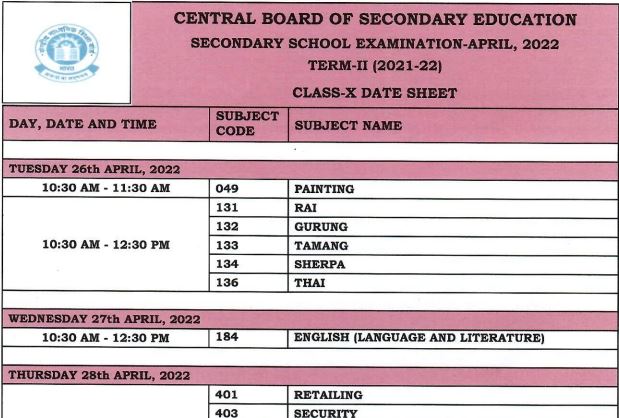 CBSE Class 10 X Date sheet time table