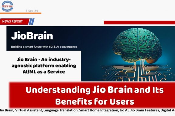 Illustration Jio Brain, a virtual assistant platform, with icons representing various features like smart home integration, language translation, and personalized recommendations.